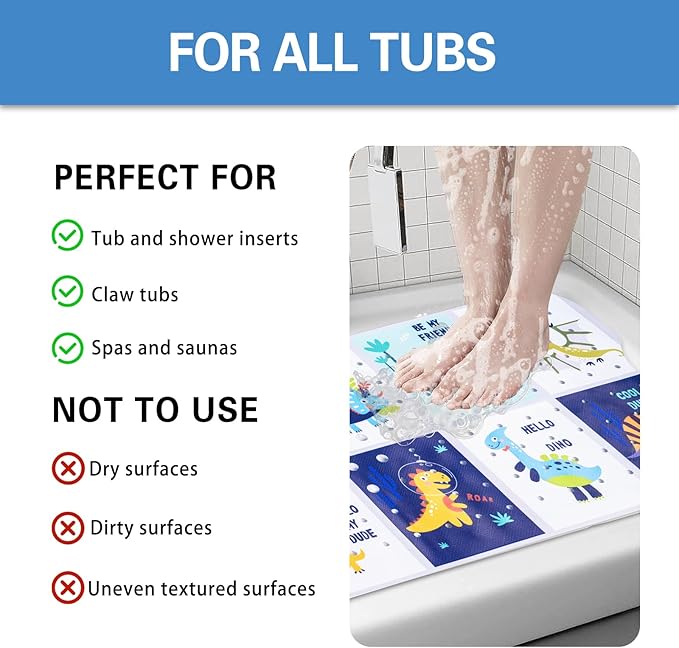 Kids Bath Mat with Ocean Theme Design, 40x16 inches, Non-Slip with 200 Suction Cups, Cartoon Sea Animals Pattern (Dinosaur, 40 * 16in)