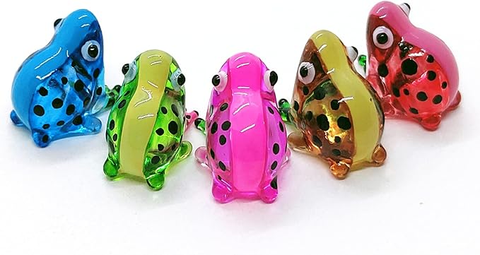 WitnyStore Tiny ¾ Inch Multicolor Black Dotted Frog Figurine 5 Colors Set - Miniature Hand Blown Glass Poison Frogs Amphibian Animals Colorful Small Crystal Decorative Collectible Figures Décor Gifts