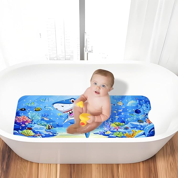 Vanleonet Baby Bath Mat for Tub for Kids, 40''x16'' Bathtub Mat Non Slip, Toddler Shower Mat Non-Slip for Tub with Suction Cups & Drain Holes, Machine Washable, Shark