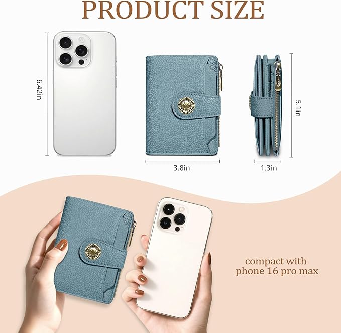Blue Small Wallet Women RFID Blocking Bifold, Credit Card Holder, Zipper Coin Pocket, PU Leather, Compact, Travel, 4 ID Window, 14 Card Slots, Cash Purse, Ladies Woman Female Girls