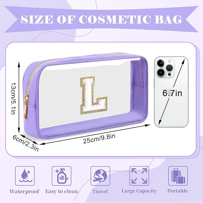 Personalized Initial Letter Clear Makeup Bag,Preppy Small Nylon&PVC Cosmetic Zipper Bag with Chenille Letter,Travel Skincare Toiletry Bag,Monogram Christmas Gift for Teen Girls Women,L