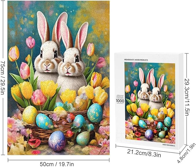 Wooden Puzzle - Easter Tulips Bunny Jigsaw Puzzles，Wooden Puzzles for Adults 1000 Pieces Unique Gifts for Wall Art，Challenge Puzzles，Educational Games，Family Puzzles