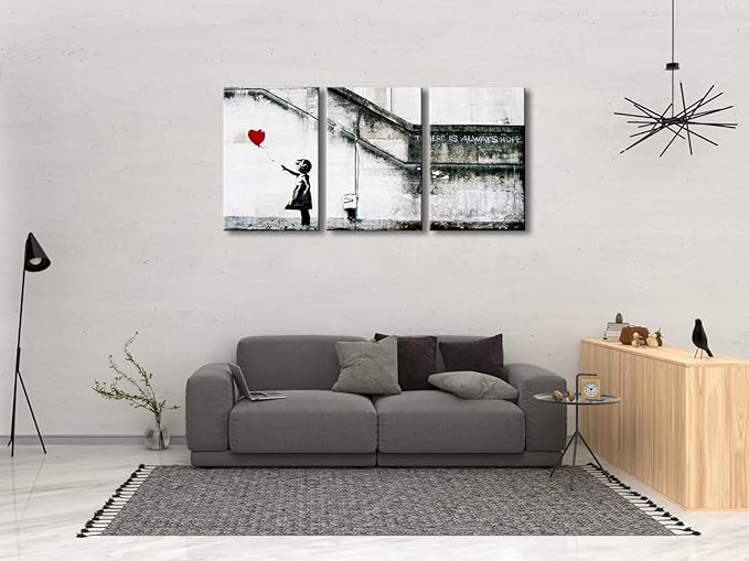 Wieco Art Banksy Grafitti Girl with Red Balloon Modern 3 Piece Famous Canvas Paintings Wall Art Inspirational Grey Love Pictures Print Artwork for Dining Room Kitchen Home Office Decor