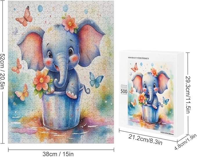 Wooden Puzzles 500 Piece，Colorful Happy Elephant Themed Jigsaw Puzzles，Educational Games，Family Puzzles，Unique Gifts for Wall Art，Funny Puzzles，Stress Relief Games，Puzzle Games