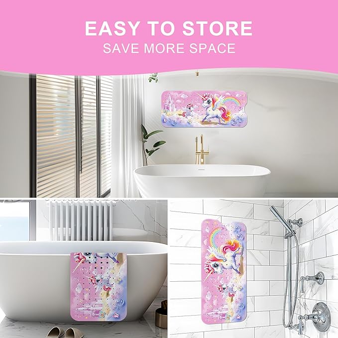 XIYUNTE Baby Bath Mat for Tub Non Slip Kids Bath Mat - 40''x16'' Extra Long Cartoon Bathtub Mat Non Slip Kids Shower Mat Eco-Friendly Toddler Bath Mats with Suction Cups, Machine Washable, Unicorn