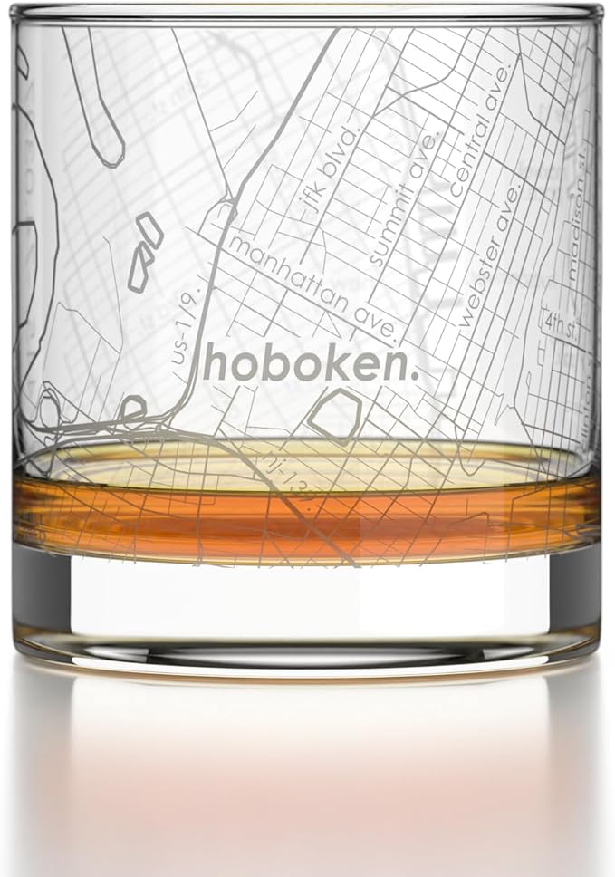 Well Told Engraved Hoboken New Jersey Map Rocks Glass, Old Fashioned Glassware (11 oz, Clear) Etched Bourbon Tumbler, Gifts For Whiskey Lovers