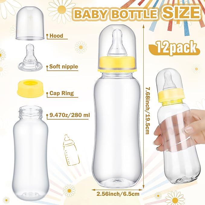 TrelaCo Cool Baby Shower Games Bottle Chug Sign and 12 Pcs Baby Bottle Shower Favor Bottles for Gender Reveal Games (Yellow, Here Comes the Son)