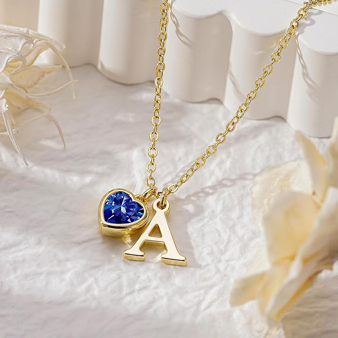 Turandoss Valentines Day Gifts for Her Trendy, Dainty 14K Gold Plated Initial A-Z Heart Birthstone Pendant Necklace Personalized Bridesmaid Birthday Valentines Jewelry Gifts for Women Girls
