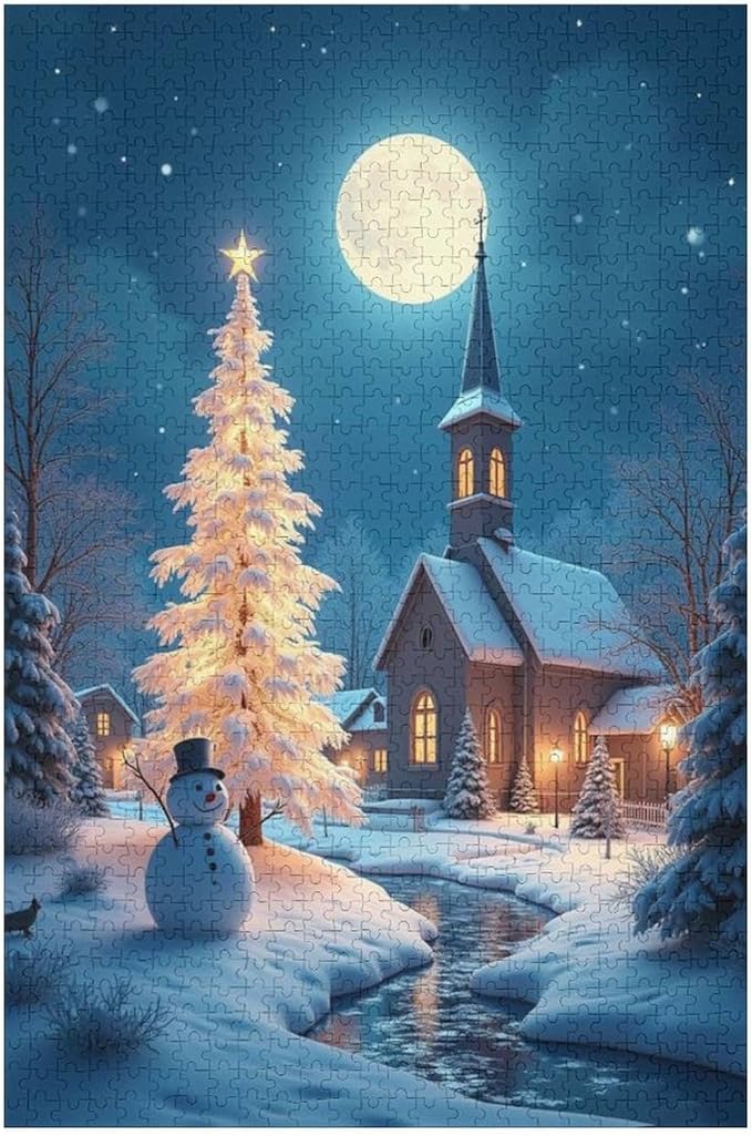 Wooden Puzzle - Church of The Nativity with Snow and Snowmen Jigsaw Puzzles，Wooden Puzzles for Adults 1000 Pieces Challenge Puzzles，Educational Games，Family Puzzles