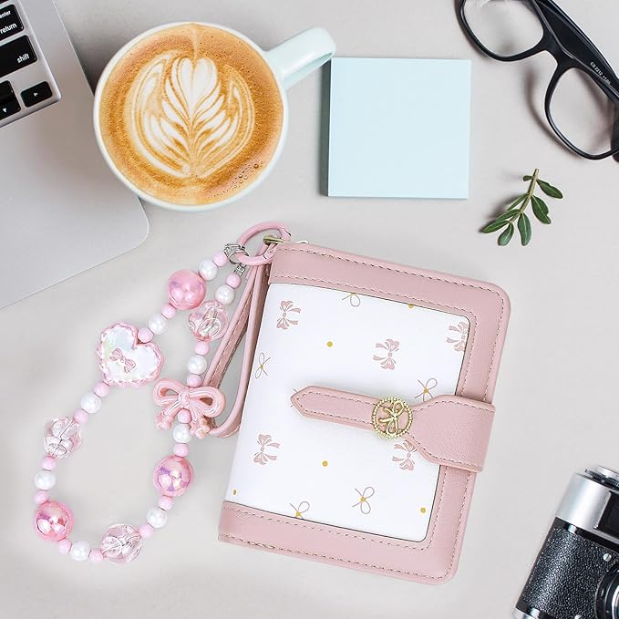 Womens Wallet Cute Small Wallets for Women Pink Coquette Minimalist Ladies Purse with Key Chain Wallet Bow Design Mini Kawaii Coin Purse with ID Window