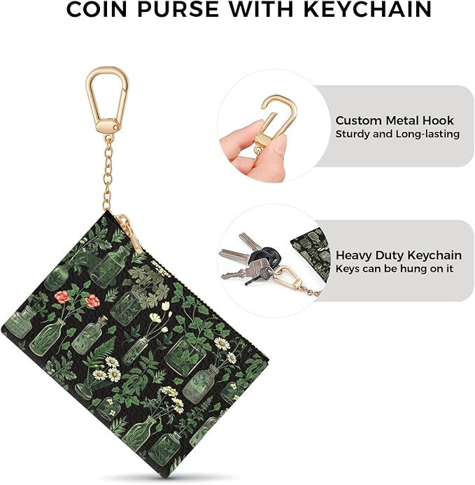 Vintage Plants Keychain Coin Purse for Women, Small PU Leather Change Pouch, Zipper Little Tiny Travel Wallet for Girls, Cute Kawaii Zip Pocket Coin Holder with Key Ring