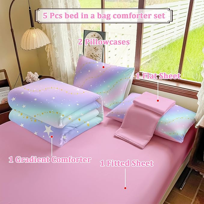 Rainbow Bedding Set Twin Size – 5 Piece Reversible Girls Comforter with Deep-Pocket Sheet, Gradient Galaxy Design, Whole-Piece Filling, Machine Washable Bed-in-a-Bag for Kids Room Makeover & Gifts
