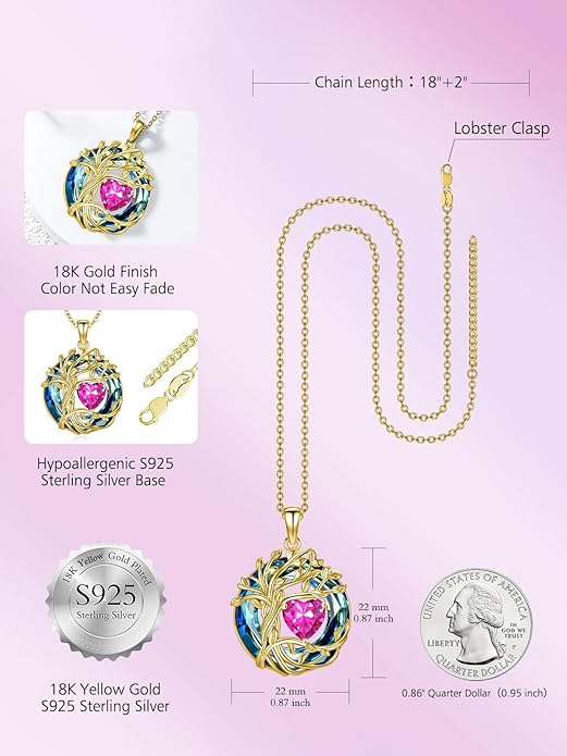 TOUPOP Tree of Life Birthstone Necklace 925 Sterling Silver Pendant Austrian Crystal Jewelry Anniversary Valentine's Day Birthday Gifts for Women Mom Her Wife
