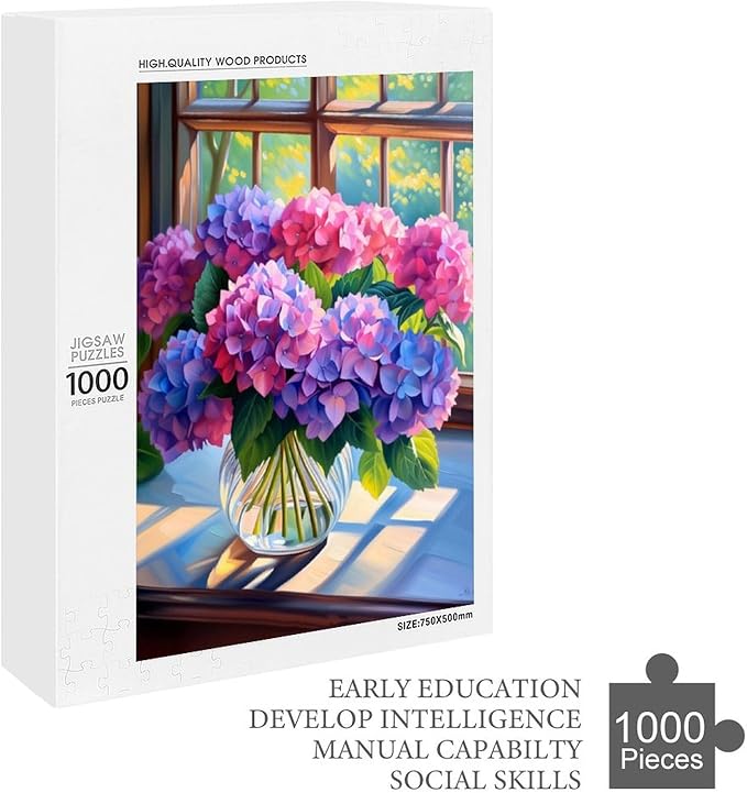 Puzzles for Adults 1000 Pieces Wooden Jigsaw Puzzle - Hydrangea Bouquet Theme Puzzle，Party Games，Family Toys，Educational Puzzles，Stress Relief Wooden Puzzle，Gifts for Family，Colleagues and Friends