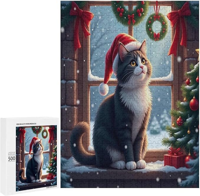 Jigsaw Puzzles for Adults 500 Piece - Christmas Black Cat Wooden Puzzles, Puzzle Games, Stress Relief Games, Funny Puzzles，Unique Gifts for Wall Art