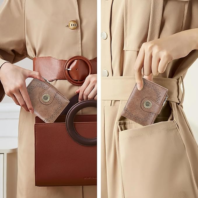 SENDEFN Small Wallets for Women Bifold RFID Blocking Leather Card Holder Compact Wallet with Zipper Coin Pocket