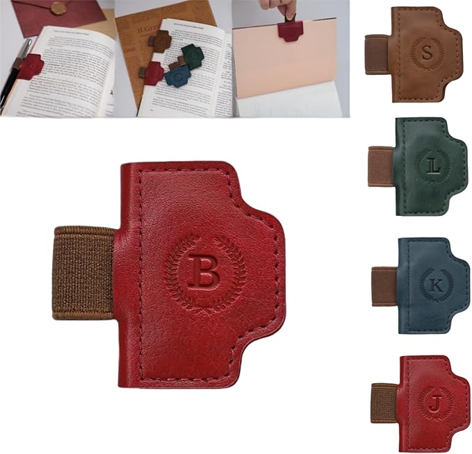 Personalized Magnetic Bygone Mark Bookmark with Pen Holder, 26 Letters Name Initial Custom Leather Book Mark for Women, Gifts for Book Lovers and Readers (Red,B)