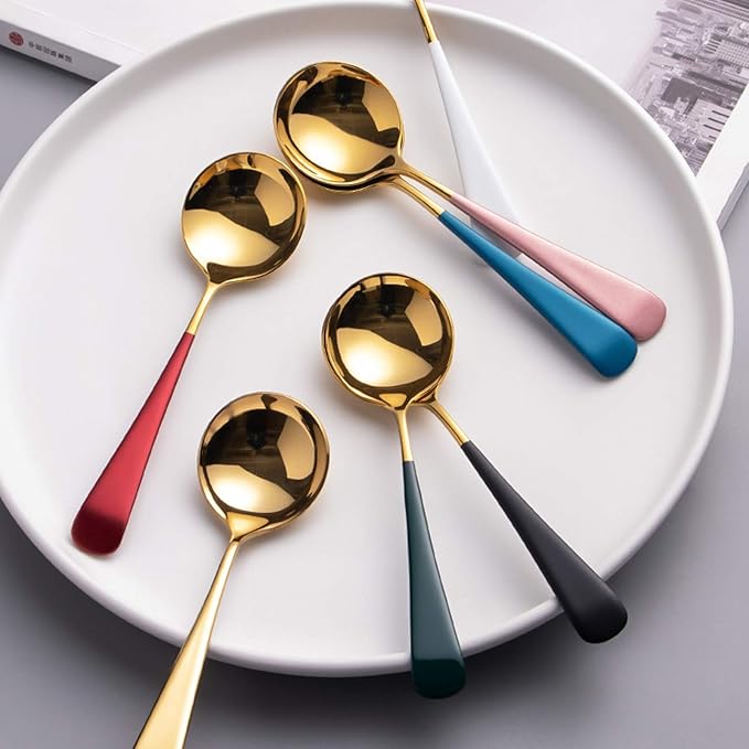 Metal Soup Spoons,Stainless Steel Spoons for Soup Round Colorful Dinner Spoons Thick Short handle Table Spoon 6.3-Inch, Set of 5 (Gold)