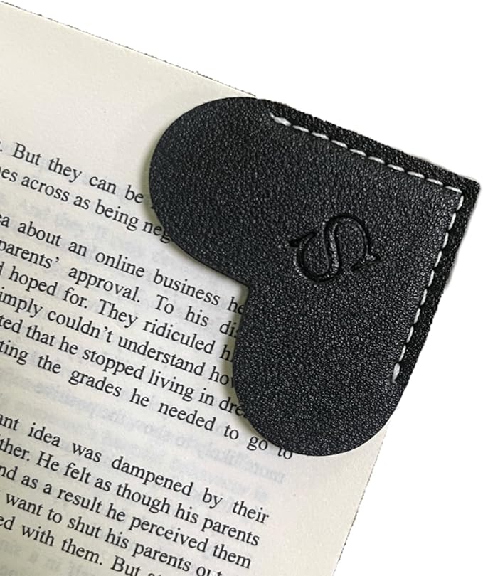 Personalized Leather Book Marks, Heart Bookmark, Unique Cute Handmade Letter Bookmarks Accessories for Reading Women, Teacher, Student, Book Lovers Book Mark Gifts (Black, S)
