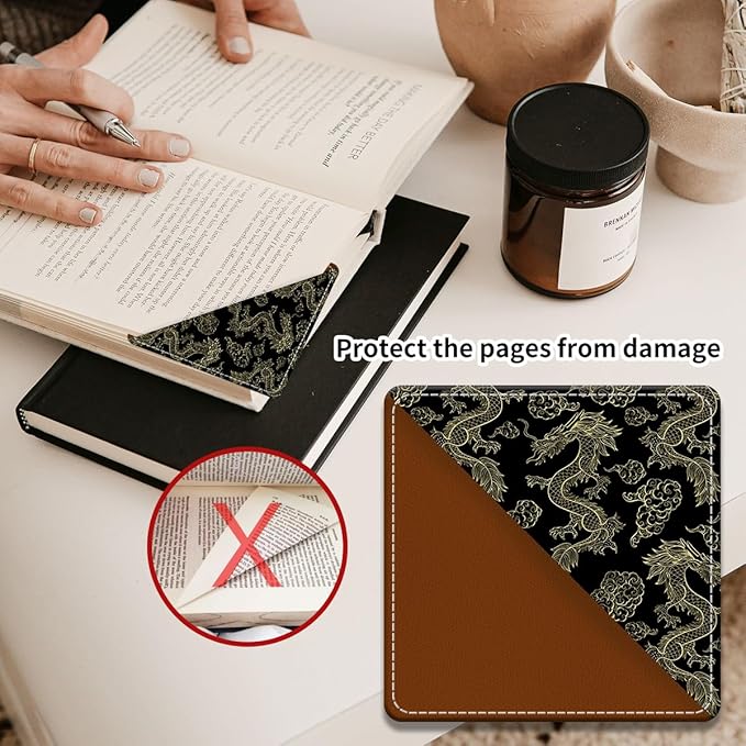 Cute Leather Bookmarks, Fun Triangle Making Corner Bookmark, Book Accessories for Reading Book Lovers, Unbreakable Page Markers for Women Men Luxury Golden Dragon