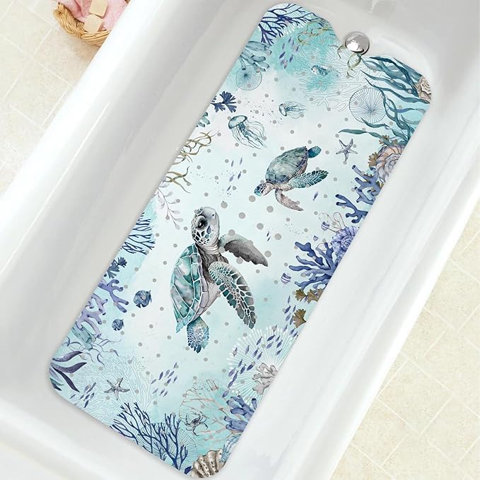 Bathtub Mat Non Slip, Turtle Extra Long Bath tub Mat Shower Floor Mat with Suction Cups and Drain Holes for Adults Kids Elderly 40 X 16 Inch