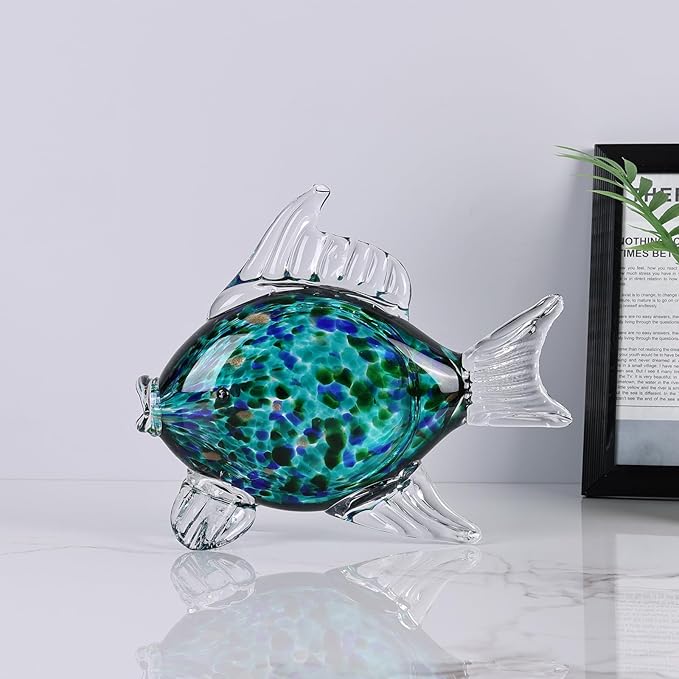 Large Glass Fish Figurine for Home Decor, Hand Blown Art Glass Ocean Animal Statue, Decorative Coastal and Beach Themed Sculpture for Table, Shelf, Bathroom, Living Room or Office