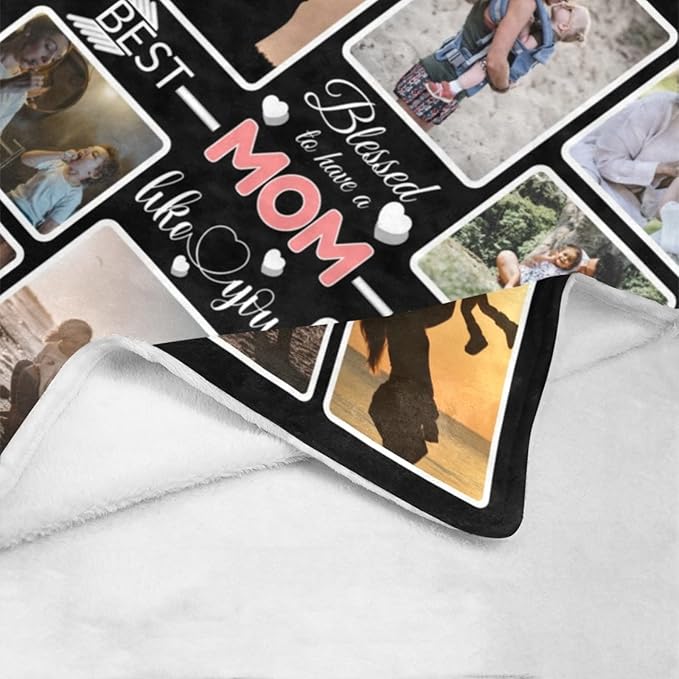 Custom Blanket Gifts for MOM, Customized Blankets with Photos, Make a Personalized Bed Throws to My Mom for Mothers Day, Custom Souvenir Throw Blanket for Best Mom Ever, 8 Collages Made In USA