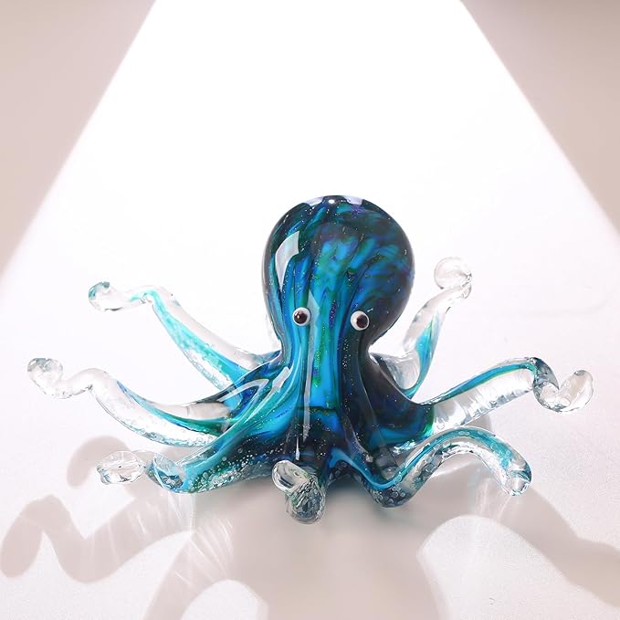 LCCCK Glass Octopus Statue Home Decor, Hand Blown Glass Decor Ocean Figurines Octopus Sculpture, Murano Art Office Desk Paperweights Fish Tank Aquarium Sea Animals Christmas Birthday Gift