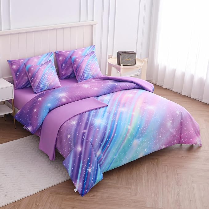 Rainbow Bedding Set Twin Size – 7 Piece Reversible Girls Comforter with Deep-Pocket Sheet, Gradient Galaxy Design, Whole-Piece Filling, Machine Washable Bed-in-a-Bag for Kids Room Makeover & Gifts