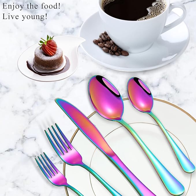 Rainbow Spoons and Forks Set, Set of 16 Top Food Grade Stainless Steel Forks and Spoons Silverware Set, Kitchen Accessories Forks (8 Inch) and Spoons (6.69 Inch) Cutlery Set, Mirror Finish
