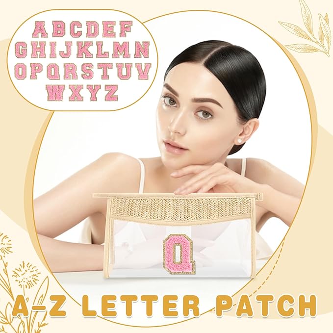 Small Boho Straw Initial Letter Makeup Bag Personalized Gift ,Cute Clear Chenille Patch Makeup Bag With Zipper,Trendy TSA Approved Travel Toiletry Bag,Gift for Women Girls Birthday Friend, Letter Q