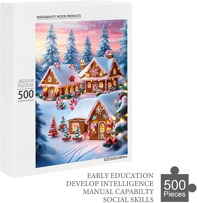 Wooden Puzzle - Christmas Gingerbread House and Candy Jigsaw Puzzles，Wooden Puzzles for Adults 500 Pieces Challenge Puzzles，Educational Games，Family Puzzles，Unique Gifts for Wall Art