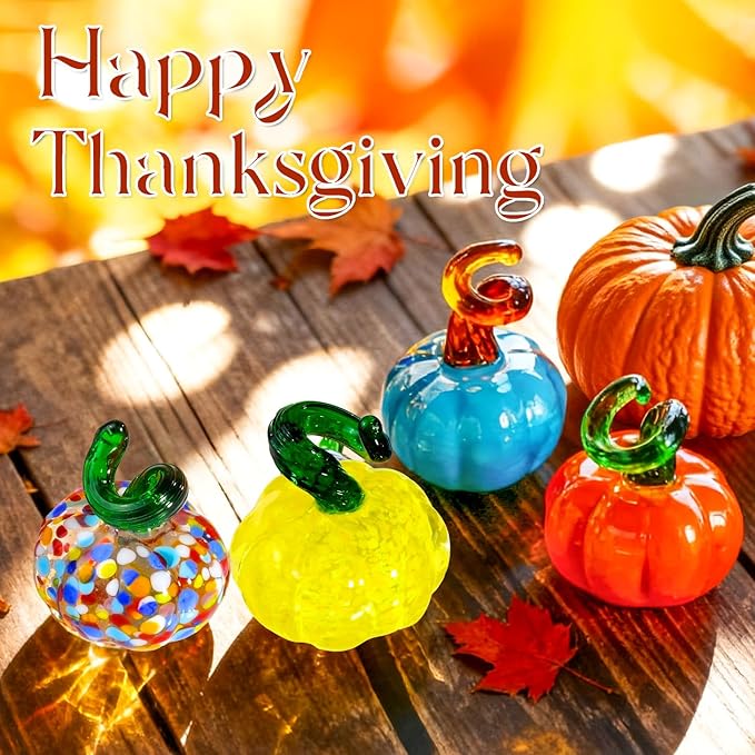 5pcs Small Blown Glass Pumpkin Figurine Collectible Halloween Thanksgiving Glass Pumpkin Paperweight Fall Harvest Decorations for Home(Colorful)