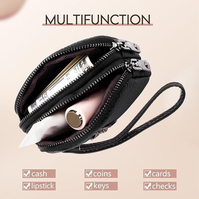 imeetu Women Leather Coin Purse, Small 2 Zippered Change Pouch Wallet
