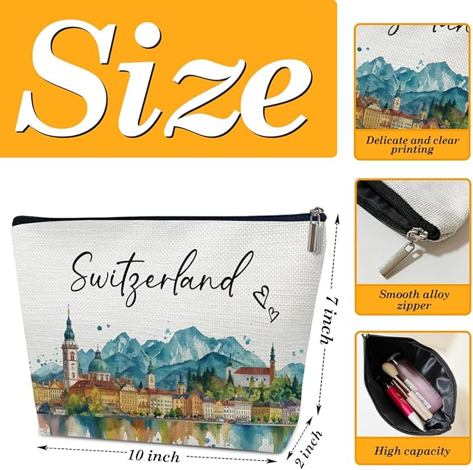 Switzerland Trip Gifts Makeup Bag, City Travel Cosmetic Bag for Purse, Watercolor Gifts, Switzerland Souvenir, Trip Favors for Traveller Lovers, City Themed Organizer