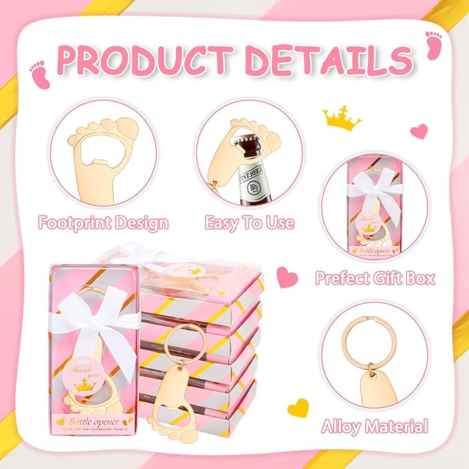 24Pcs Baby Girl Foot Keychain Footprint Bottle Openers Small Foot Bottle Opener Keychain Souvenir for Guests Baby Shower Return Gift for Party Favors with Pink Boxes Gifts or Decorations