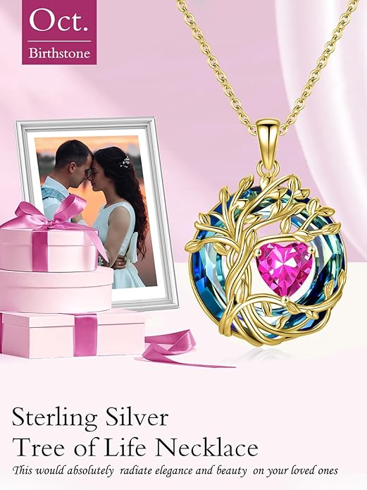 TOUPOP Tree of Life Birthstone Necklace 925 Sterling Silver Pendant Austrian Crystal Jewelry Anniversary Valentine's Day Birthday Gifts for Women Mom Her Wife