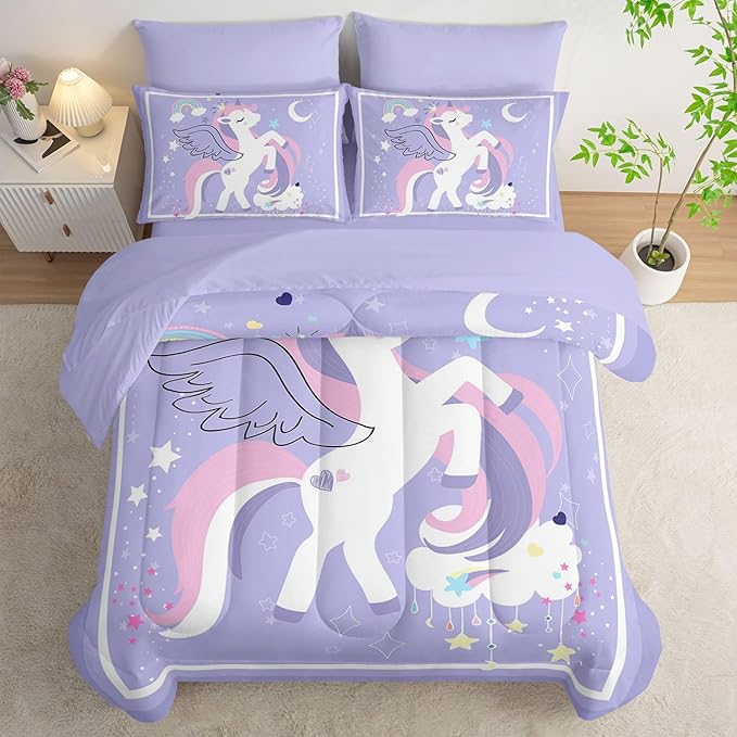 7Pcs Comforter Set Cartoon Purple Unicorn Printed Bedding Set with 1 Comforter,1 Flat Sheet,1 Fitted Sheet and 4 Pillowcases for Boys and Girls Bedroom All Season(Queen)