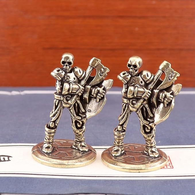 Brass Animals Figurine Decorative,Metal Statue,2.16Inch Pure Brass Vintage Skeleton Warrior Figurines,Set of 2-Halloween Desktop Decorations,Gothic Collectible Ornaments with Axe & Shield
