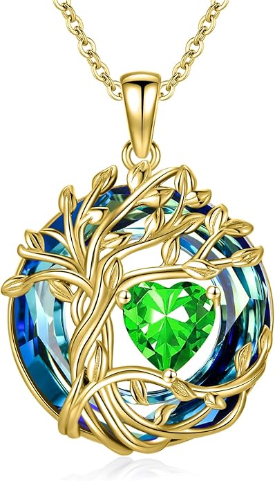 TOUPOP Tree of Life Birthstone Necklace 925 Sterling Silver Pendant Austrian Crystal Jewelry Anniversary Valentine's Day Birthday Gifts for Women Mom Her Wife