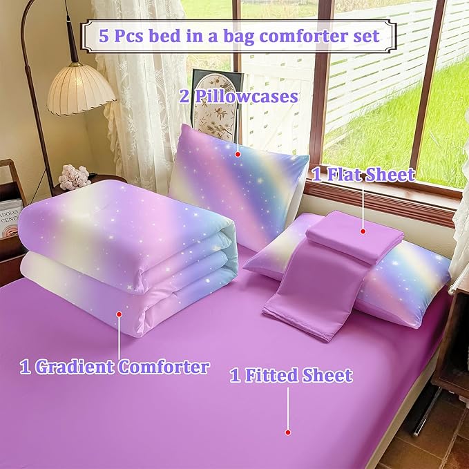 Girls Full Size Bedding Sets Rainbow Bedding – 5 Piece Comforter Set Full, Gradient and Colorful Galaxy Comforter for All-Season – Machine Washable, Durable – Gift Idea for Boys and Girls Room