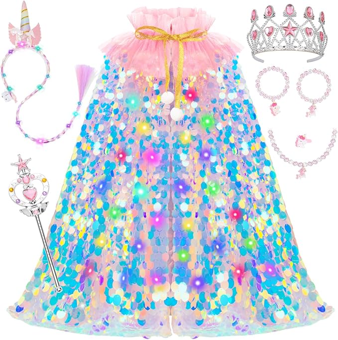 Meland Princess Dress Up for Girls 3-8, 11Pcs Mermaid Cape with Crown, Dress Up Clothes Birthday Gift Toys for Girls Toddlers