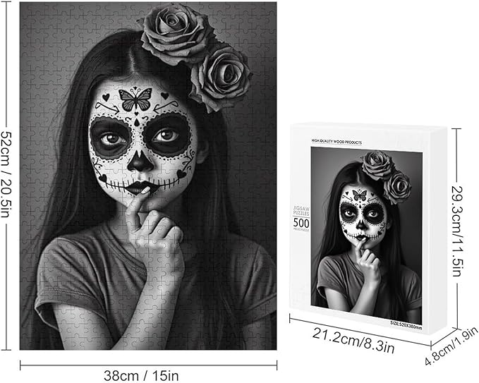 Funny Wooden Puzzle - Gorgeous Sugar Skull Lady Day of The Dead Puzzle for Adult 500 Piece，Wooden Jigsaw Puzzles Art Leisure Game Fun Suitable Family Friends Educational Learning Games Gift