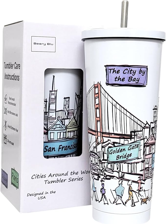 Cities Around the World 25 Oz Tumbler Series- Designed in the USA- Vacuum Insulated Tumbler with Lids Straw - Stainless Steel Coffee Water Travel Mug, Cup for Hot Cold Drink (San Francisco)