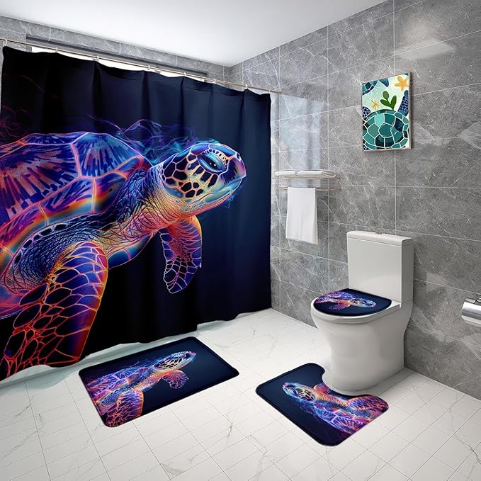 4 Pcs Turtle Shower Curtain Set - Turtle Shower Curtain Ocean Shower Curtains for Bathroom Kids Shower Curtain Ocean Themed Shower Curtain Set with Rug, Toilet Cover and Bath Mat with 12 Hooks