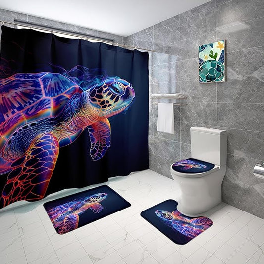 4 Pcs Turtle Shower Curtain Set - Turtle Shower Curtain Ocean Shower Curtains for Bathroom Kids Shower Curtain Ocean Themed Shower Curtain Set with Rug, Toilet Cover and Bath Mat with 12 Hooks