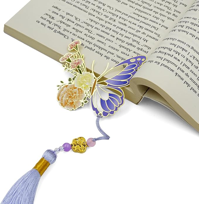 Butterfly Bookmark Gifts for Women-Carnation Flower Design with Purple Tassel-Teacher Gifts Metal Bookmarks for Women Readers Book Lovers-Christmas Birthday Gift for Mom/Her/Girls