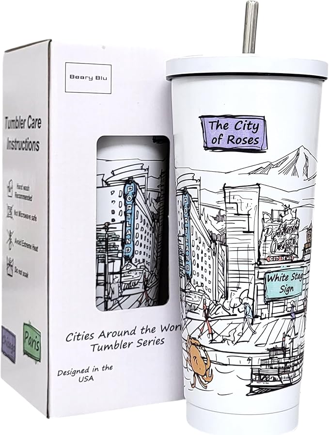 Cities Around the World 25 Oz Tumbler Series- Designed in the USA- Vacuum Insulated Tumbler with Lids Straw - Stainless Steel Coffee Water Travel Mug, Cup for Hot Cold Drink (Portland)