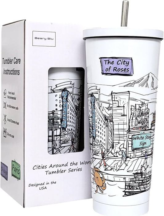 Cities Around the World 25 Oz Tumbler Series- Designed in the USA- Vacuum Insulated Tumbler with Lids Straw - Stainless Steel Coffee Water Travel Mug, Cup for Hot Cold Drink (Portland)