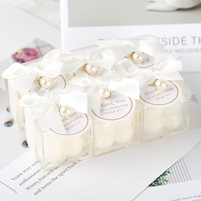 ACITHGL 30 Sets Fully Assembled Small Bubble Candle Party Favors for Guests Bulk Bridal Showers Favors Candles with Stylish Ribbons Thank You Cards Gifts (White)